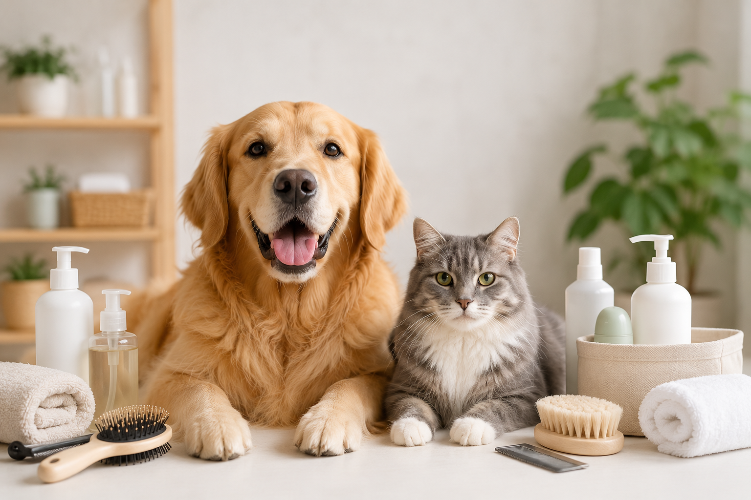 Professional pet grooming steam brush removing loose fur from a golden retriever to prevent shedding on home furniture - PetVibe™ Hygiene Collection.