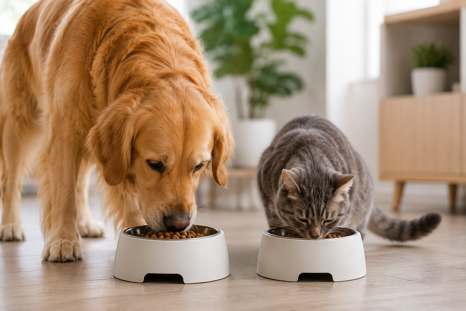 Automatic timed pet feeder and filtered silent water fountain providing fresh nutrition and hydration for cats and dogs on a smart schedule.