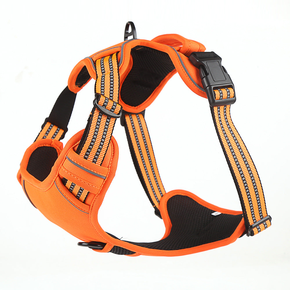 Reflective breathable dog harness with no-pull design, adjustable straps, and safety features for comfortable walking.