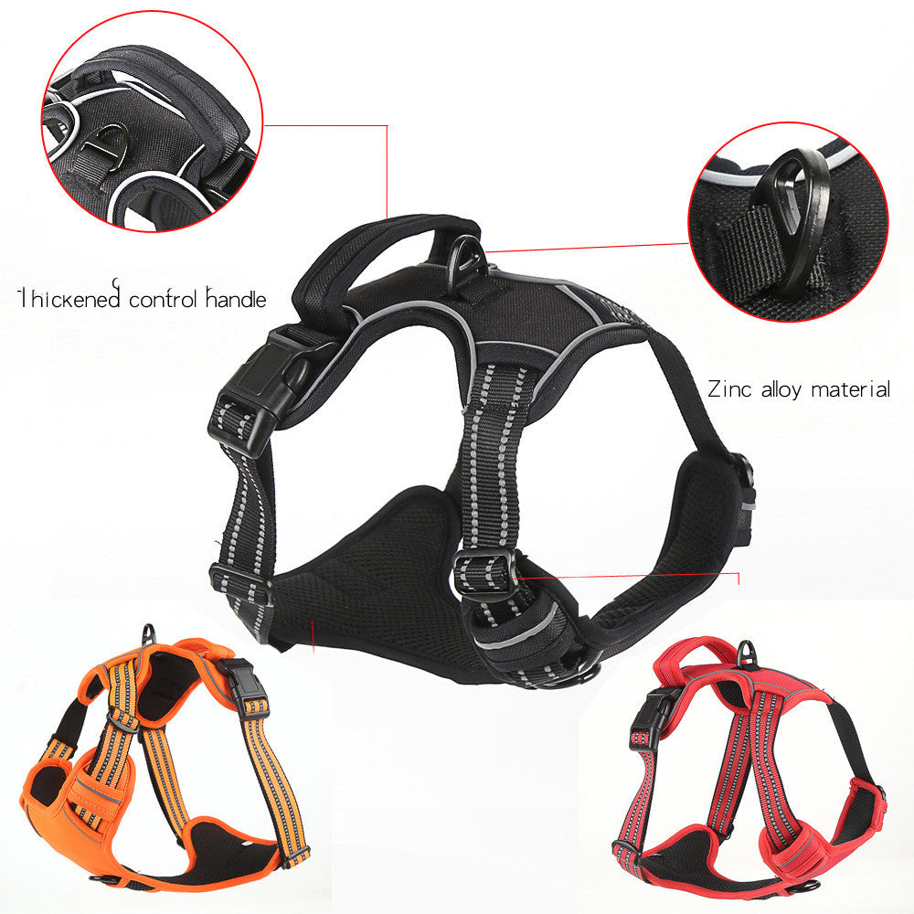 Reflective breathable dog vest with no-pull safety harness design, featuring adjustable straps and a secure fit for walking dogs.