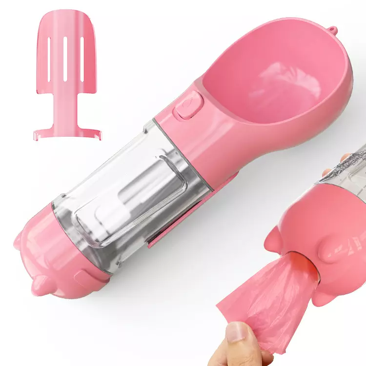 PetVibe™ 4-in-1 adventure bottle with water, food, and cleanup kit for pets, shown with attached components on a white background.