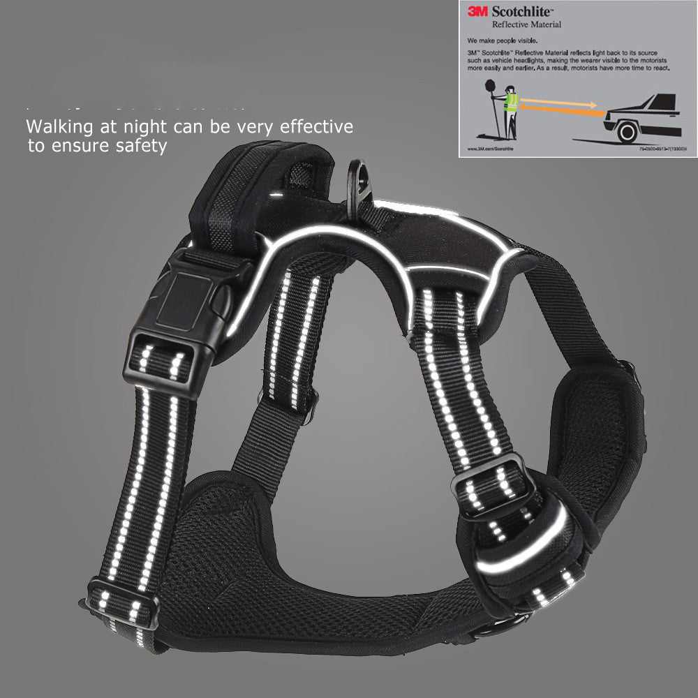 Reflective breathable dog harness with no-pull design, adjustable straps, and safety features for outdoor walks.