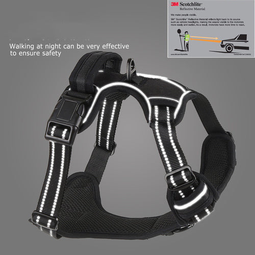 Reflective breathable dog harness with no-pull design, adjustable straps, and safety features for outdoor walks.