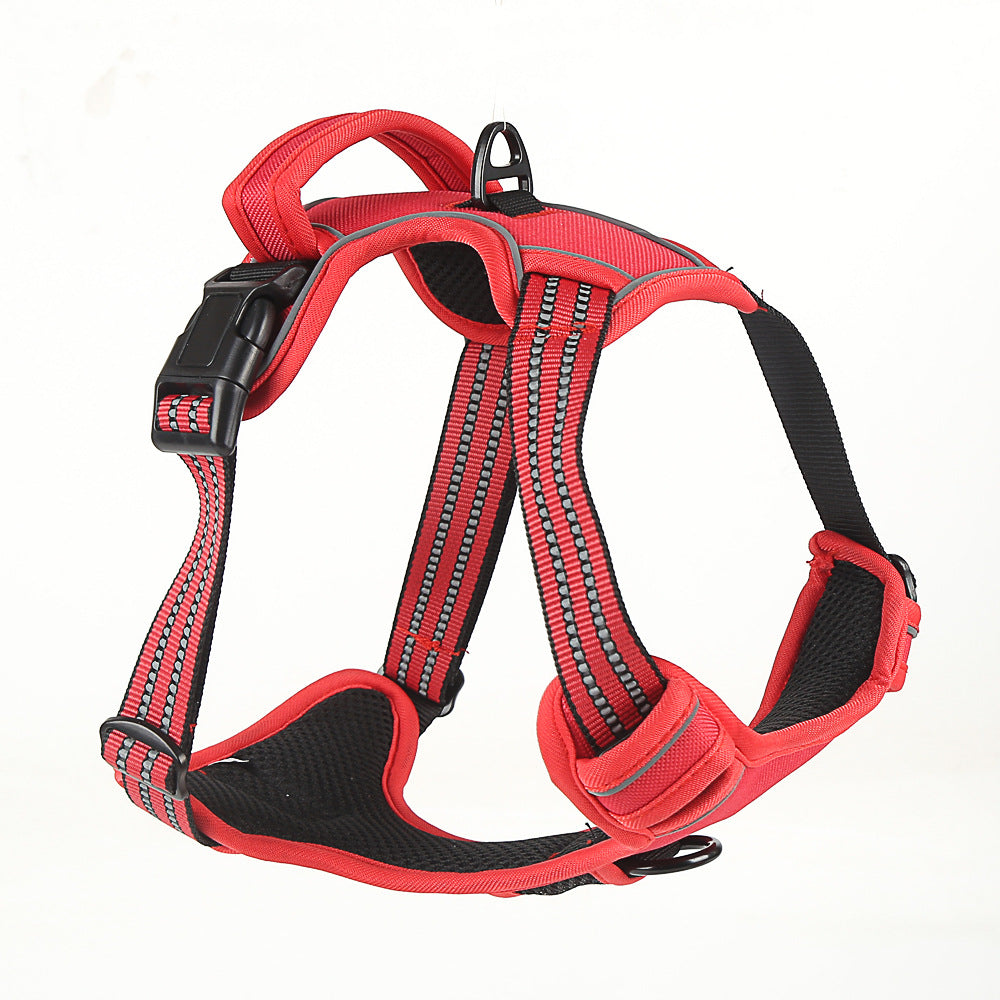 Reflective breathable dog harness with no-pull design, lightweight safety vest for dogs, featuring adjustable straps and reflective accents.
