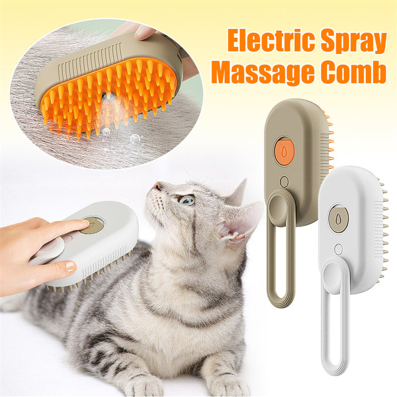 Electric 3-in-1 cat and dog steam brush with massage and hair removal features, shown in use on pet fur.