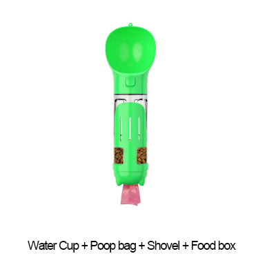PetVibe™ 4-in-1 adventure bottle with water, food, and cleanup kit for pets, featuring a compact, portable design.