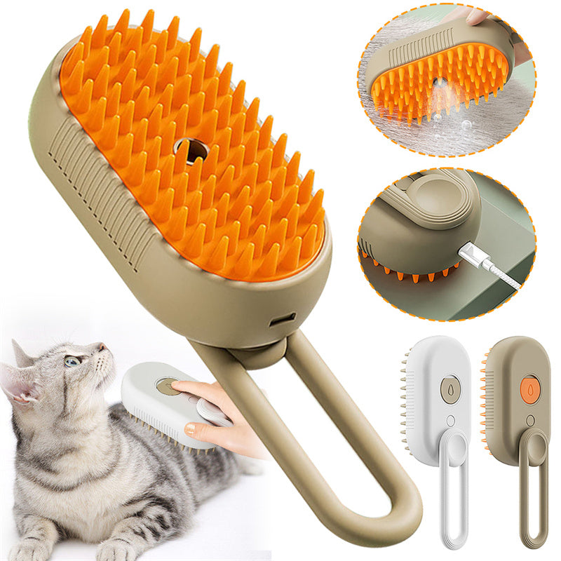 Electric cat and dog steam brush with massage and hair removal features, showing the 3-in-1 pet grooming comb in use.