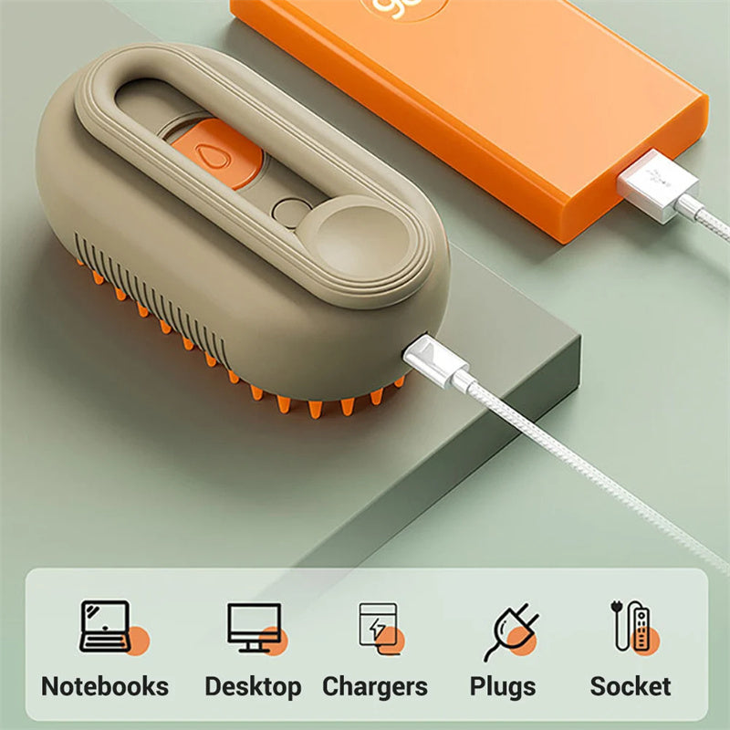 Electric 3-in-1 cat and dog steam brush with massage and hair removal combs, designed for pet grooming and grooming comfort.