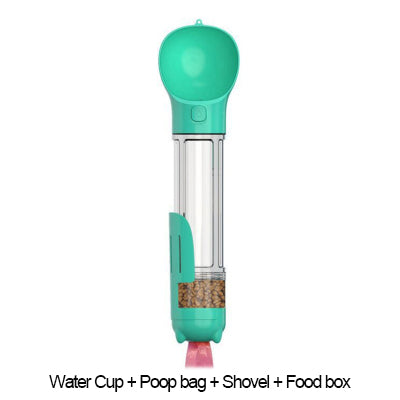 PetVibe™ 4-in-1 adventure bottle with water, food, and cleanup kit for pets, shown with nozzle and storage compartments.
