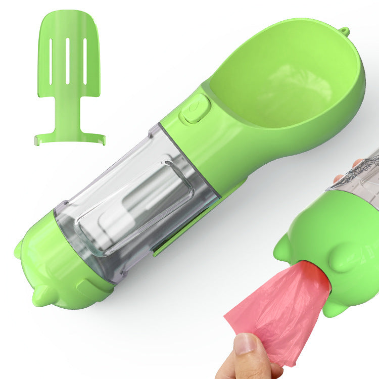 PetVibe™ 4-in-1 Adventure Bottle with water, food compartment, and cleanup tools for pets, shown with attached components.