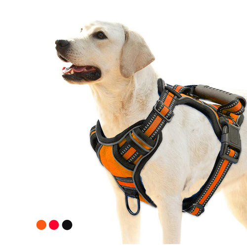 Reflective breathable dog safety harness with no-pull design, adjustable straps, and padded vest for secure outdoor walks.