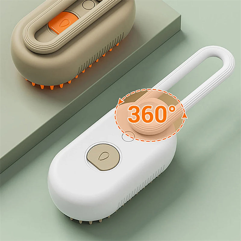 Electric steamy cat and dog brush with massage comb, 3-in-1 pet grooming tool for hair removal and grooming.